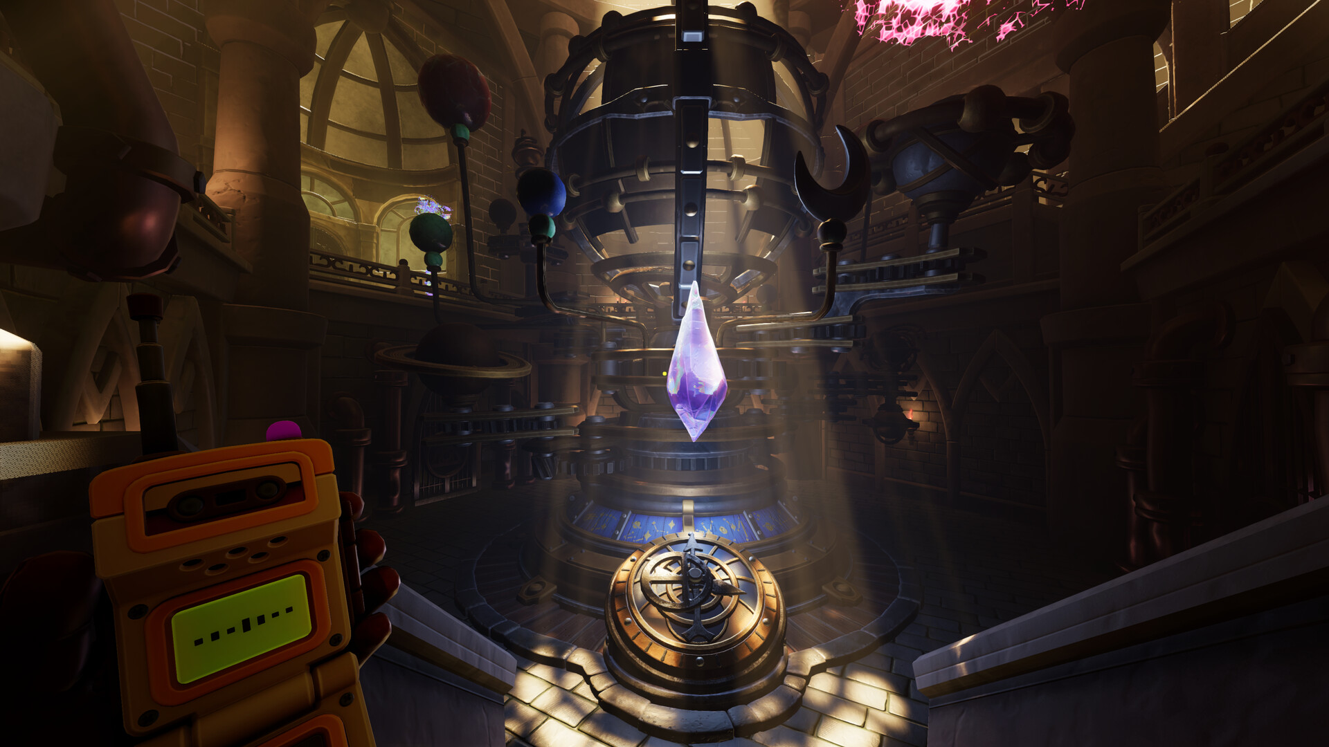 We Were Here Tomorrow - walkthrough - an Explorer holds a walkie-talkie before a crystal puzzle altar
