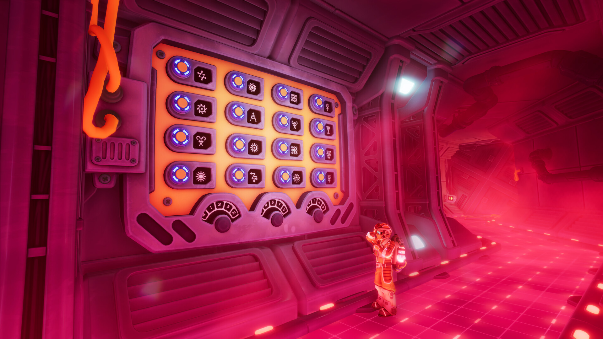 We Were Here Tomorrow - walkthrough - symbol switchboard puzzle wall glowing in a red hall
